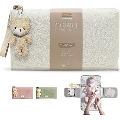 J&Joo Portable Diaper Changing Pad - Ultra Soft, Extra Padded, Waterproof Baby Changer Travel Essential, EZ Access Mesh Pockets, Gift for Baby Shower, Newborn Girls and Boys, 0-12 Months