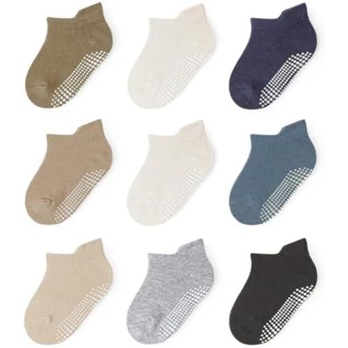 Non-Slip Toddler Grip Socks with Anti Skid Soles, Unisex Cotton Crew Ankle Socks for Baby Boys Girls Kids