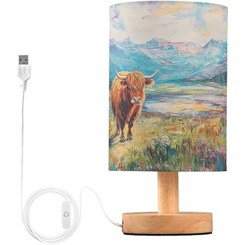 Bedside Table Lamp Highland Cow Animal Mountain Nightstand Lamp with Wood Desk Lamps for Bedroom Living Room Nursery Office Home Decor