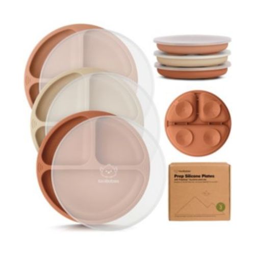 3-Pack Prep Suction Plates with Lids, 100% Silicone Baby Plates with Lid, BPA-Free Kids Divided Toddler Plates