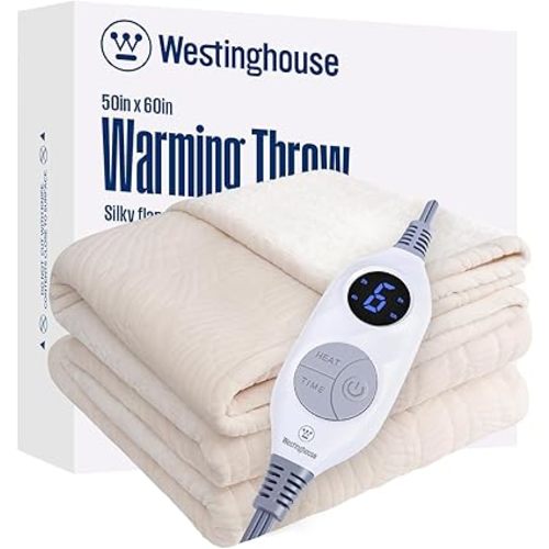 Westinghouse Heated Throw Blanket, Flower Jacquard Electric Blanket Throw with 6 Heating Levels and 2-10 Hours Auto-Off, Flannel to Sherpa Super Cozy Heated Blanket, Machine Washable (50" x 60" Beige)