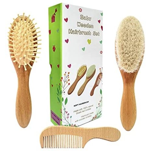 Molylove 3 Piece Baby Hair Brush and Comb Set for Newborn - Natural Wooden Hairbrush with Soft Goat Bristles for Cradle Cap - Perfect Scalp Grooming Product for Infant, Toddler, Kids - Baby