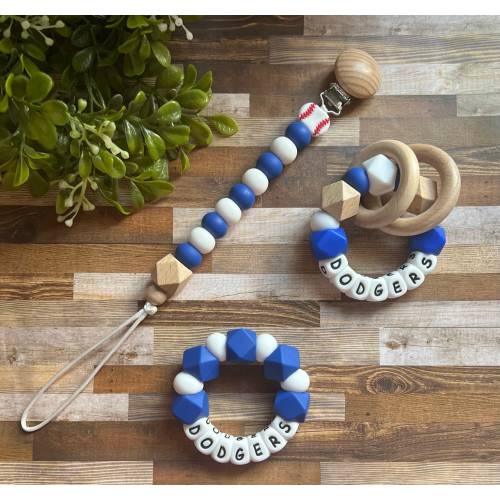 Los Angeles Dodgers Collection - Baseball Pacifier Clip - Baby Dodgers Toy - Baseball Rattle Toy - Blue - White - Boy Baby Shower Gift -