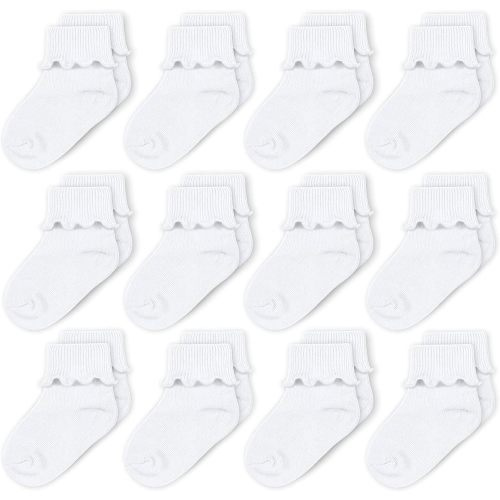 CozyWay Baby Girls Socks Ruffle Ripple Edge Turn Cuff Socks for Baby Toddler Girls | 12-Pairs - 0-9 Months - White (Non-gripper)