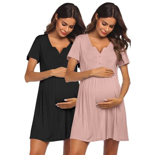 Ekouaer 2 Pack Labor/Delivery/Hospital Gown Nursing Dress Maternity Nightgown Short Sleeve Breastfeeding Sleepwear