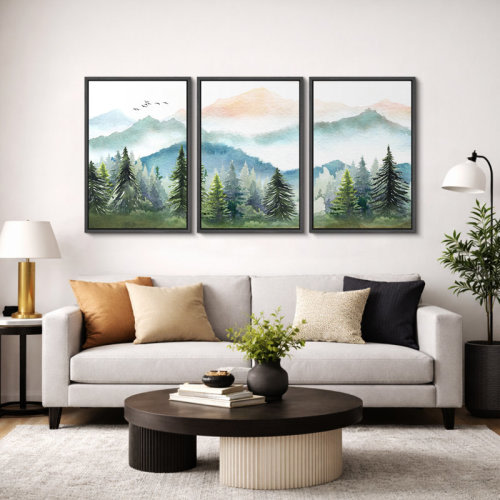 IDEA4WALL Woodland Forest Landscape "Green Watercolor Pastel Mountain Pine Tree Artwork, Neutral Modern Rustic Wall Pictures, Large Framed Canvas Giclee Print 3 Pieces Wall Art Set" & Reviews | Wayfair