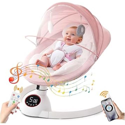Soobaby Baby Swing for Infants,Electric Bouncer for Babies,Portable Swing for Baby Boy Girl,Remote Control Indoor Baby Rocker with 5 Sway Speeds,Music and Bluetooth (Hot Pink)