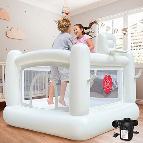 White Bounce House for Kids 2-8 Indoor Bouncy Castle with Pump Toddler Bounce House PVC Waterproof Materials Easy to Clean Outdoor Toddler Toys 68 x 68 x 58.2 inch Birthday Party Gift