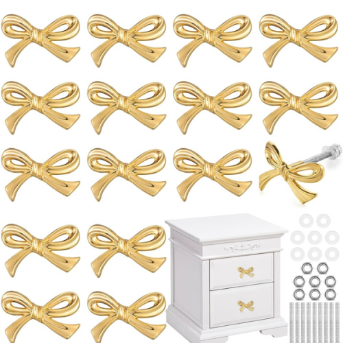 Gold Bow Drawer Knobs Brass Bow Knobs for Dresser Decorative Brass Drawer Pulls Vintage Cabinet Handles for Home Bedroom Kitchen Cabinets Hardware Cupboard(Large Size,Gold,16 Pcs)