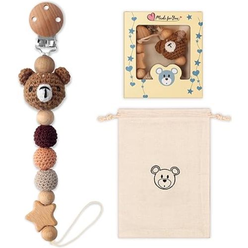 Pacifier Clip, Cute Animal Pacifier Holder Clip for Boys and Girls, Most Pacifiers, Baby Teethers, Baby Shower and Baby Essentials(Bear)