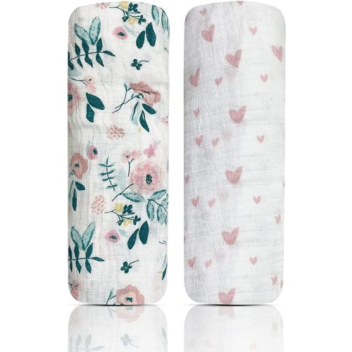 MODERN BABY Muslin Swaddle Blankets Newborn 2 Pack Soft Baby Wraps for Baby Girl 100% Cotton, White Floral