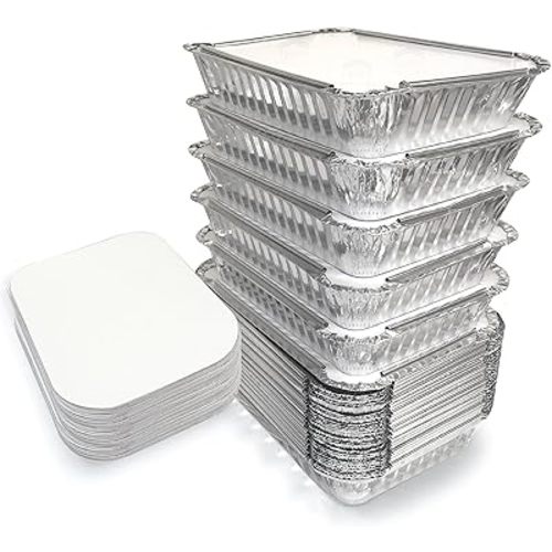 Spare Essentials 55 Pack - 2.25 LB To Go Aluminum Containers with Lids - Heat Proof Foil Tins for Meal Prep, Take Out, Freezer Meals