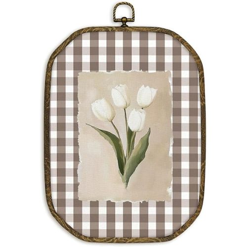 nvucamd White Tulip Floral Wall Art Decor Framed, Vintage Floral Octagon Canvas Prints Wall Art, Preppy Brown Checkered Tulip Flower Hanging Decor for Home Bathroom Living Room, 10.2x7 Inches