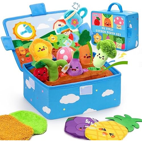 Baby Toys 6-12 Months, Montessori Sensory Garden Plush Set Vegetable Fruits, Baby Developmental Learning Toys with Rattle Squeaker Mirror Texture Tissue, Gifts for 6+ month old Boy Girl Christmas