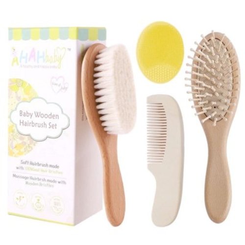 Yalumo Baby Hair Brush and Comb Set for Newborn and Toddlers, Natural Wooden Baby Hair Brush Set