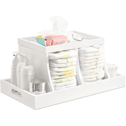 Busidhji Diaper Caddy Organizer, Changing Table Organizer, Wooden Diaper Organizer for Nursery, Baby Diaper Storage Organizer with Removable Dividers (White, Rectangular Size)