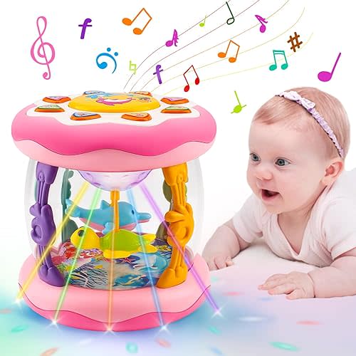 Baby Musical Light Up Toys 0-6 Months Tummy Time Ocean Projector Rotating Infant 0-3 3-6 7 8 9 Months Learning Crawling Pink Toys Babies 6-12 Month Girls 1 2 3 Year Old Birthday Newborn Gifts