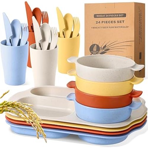 24 Pcs Wheat Straw Dinnerware Cutlery Set for Kids Toddler Aldult Including Divided Plates Microwave Dishwasher Safe Bowl Unbreakable Tableware Straw Cutlery Spoon Knife Fork(Mixed Color)