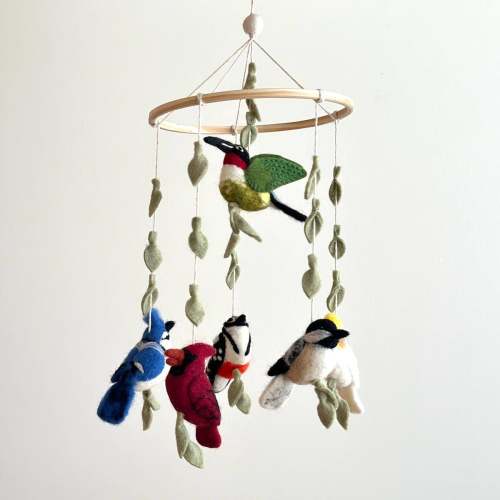 Felt American Bird Baby Mobile For Nursery Decor, Felt Cardinal, Felt Blue Jay, Felt Woodpecker, Baby Shower&#39;s Gift, Gift for Bird Lovers