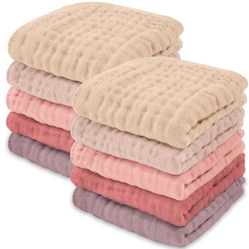 Comfy Cubs Muslin Baby Washcloths 10 Pack - Soft 6-Layer Cotton Wash Cloths for Sensitive Skin - 10"x10" Large, Gentle, Absorbent Infant Essentials for Newborn and Toddlers - (Multi Girl)