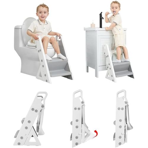 Primlect Potty Training Seat, Upgrade Foldable Step Stool for Bathroom, Toddler Toilet Attachment, Adjustable Height, Handles on Top of The Ladder, Easy to Carry and Climb, Boys and Girls 1-3 (Gray)