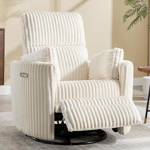 Power Recliner,Nursery Swivel Glider Rocking Chair with USB Port,Upholstered Adult Electric Recliner Rocking Chair with 2 Pillows for Living Room Bedroom (Beige Corduroy, Power-Driven)