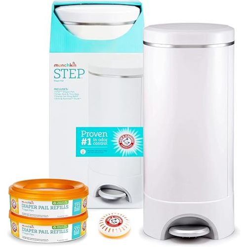 Munchkin® Step™ Diaper Pail Powered by Arm & Hammer, #1 in Odor Control, Award-Winning, Includes 1 Snap, Seal & Toss™ Bag, 2 Refill Rings, 1 Starter Refill Ring, and 2 Puck™ Baking Soda Cartridges