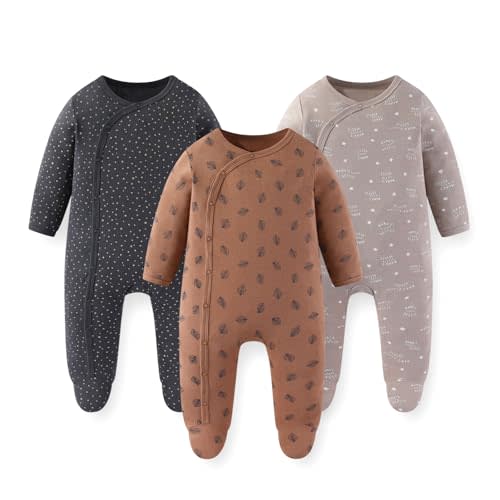 JELYLOVE Unisex Baby Boy Girl Footies Rompers Cotton Long Sleeve 3 Pack Infant Jumpsuits 0-12Months Babies' Outfits