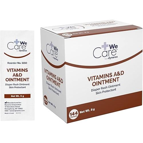 Dynarex Vitamins A & D Ointment, Ointment with Vitamin A and Vitamin D Skin Protectant, for Diaper Rash and Discomfort, White, 1 Box of 144 - 5g Packets