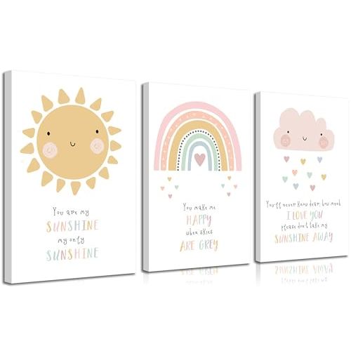 3pcs Pink Nursery Canvas Wall Art Kids Bedroom Baby Girls Toddler Pastel Wall Decor Pictures Cute Sun Rainbowdark Clouds Posters Prints for Classroom School Nursery Decoration Ready To Hang