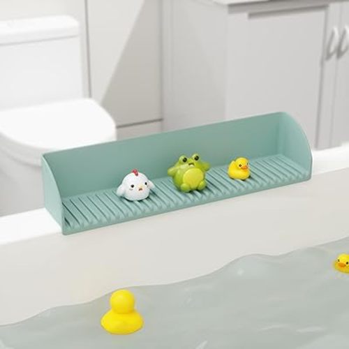 Bathtub Splash Guard for Tub - 2Pack Silicone Tub Water Splash Guard with 4 Suction Cups, Bath Toy Holder, Tub Play Shelf for Kids, Bathtub Side Splash Guard Tray, Toddler Bathroom Essentials, Aqua