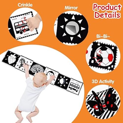 Black and White High Contrast Baby Toys 0-6 6-12 Months Soft Book for Newborn Brain Development Tummy Time Toys Infant Sensory Crinkle Toys 0-3 3-6 Month Montessori Learning Activities for Babies