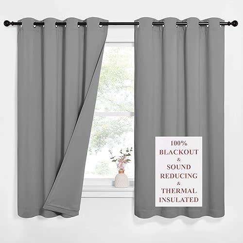 NICETOWN Noise Reduction Blackout Curtains, Thermal Insulated Full Blackout 3-Layer Lined Drapes, Energy Efficiency Window Draperies for Bedroom (Silver Grey, 2 Panels, 52-inch W by 63-inch L)