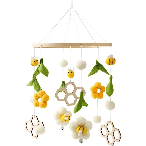 Nursery Mobile for Boys Girls, Boho Bee Flower Nursery Decor Soothe Toy, Shower Set for Infant Bedroom Hanging Decoration, Yellow