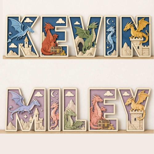 Personalized Dragon Themes Wooden Fantasy Nursery Letters,3D Custom Kids Name Initial Castle Dragon Adventure Baby Room Playroom Wall Decor