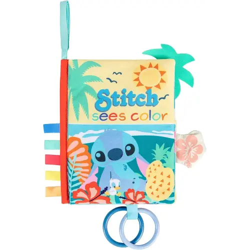 KIDS PREFERRED Disney Baby Lilo & Stitch Sees Color Soft Book, On-The-Go Sensory Books for Babies with Crinkle Pages, Ribbons, Rings, Stroller Hook