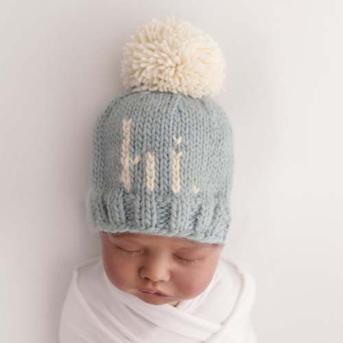 "Hi." Knit Beanie, Surf Blue, Size Newborn