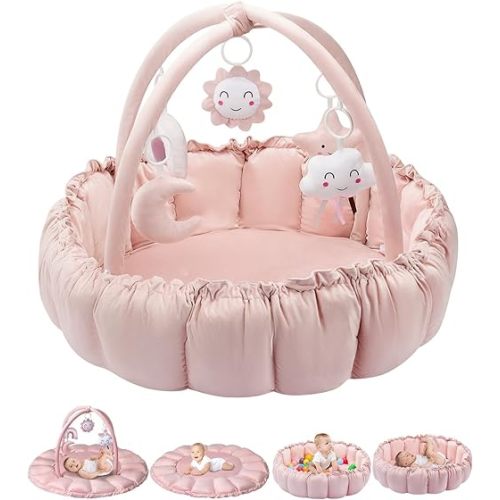 Deekuiwi 5-in-1 Convertible Baby Gym Play Mat with Hanging Toys, Soft Padded Activity Center & Ball Pit, Plush Tummy Time Mat for Newborns to Toddlers, Machine Washable, Pink