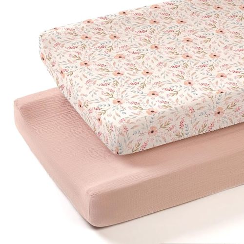 lulumoon Muslin Changing Pad Cover: 2-Pack Soft Breathable Cotton Boho Floral Print for Baby Girls - Nursery & Baby Shower