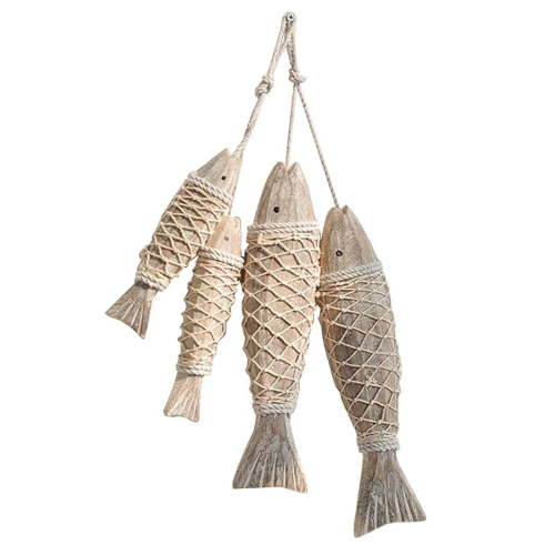 4 Pack Antique Hand Carved Wood Fish Sculpture Decor Ornament with Fishing Net, Beach Theme Wall Art Hanging Decor