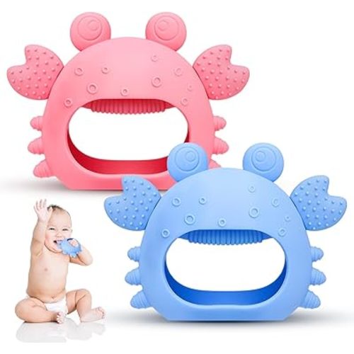 Anboor 2 Pack Baby Teething Toys,Silicone Teethers for Babies 0-6 Months Anti Dropping Hand Teether,Infant Baby Chew Toys for Teething Relief,Ideal Thing for Newborn Soon-to-be Mothers (Pink&Blue)