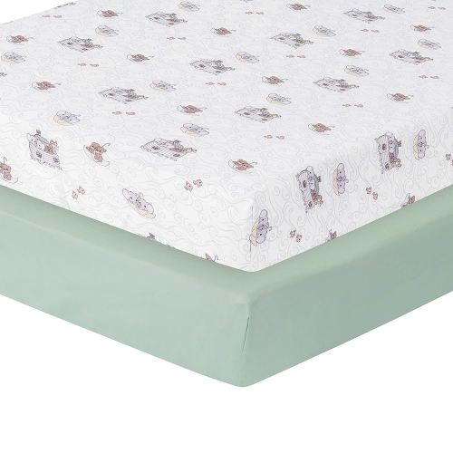 Precious Moments Noah’s Ark Fitted Crib Sheet 2 Pack for Baby Boy by Everyday Kids; 1 Animals on the Ark Printed Crib Sheet and 1 Solid Bright Green; Adorable Wildlife Elephants, Giraffes, Bears Print