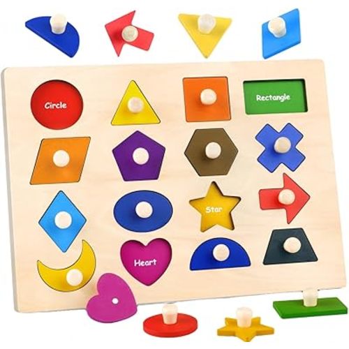 Wooden Shape Peg Puzzles for Toddlers 1 2 3 Year Old, Toddler Learning Toys Shape Sorter Color Match Montessori Toys Educational Puzzles for Toddlers 2-4 Easter Birthday for Girls