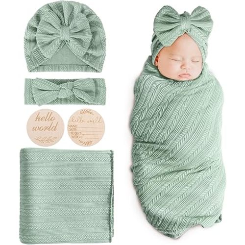 BQUBO Baby Swaddle Blankets for Girls, 4PCS Newborn Accessories Set with Hat and Bow Headband with Hello World Wooden Birth Announcement Card, Baby Blankets for Girls
