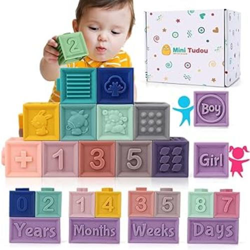 Mini Tudou 14 PCS Baby Blocks Soft Building Blocks Toys w/Milestone Blocks & Play Mat, Educational Squeeze Teether Sensory Toy w/Numbers Animals Shapes Textures for Babies Toddlers Boys & Girls