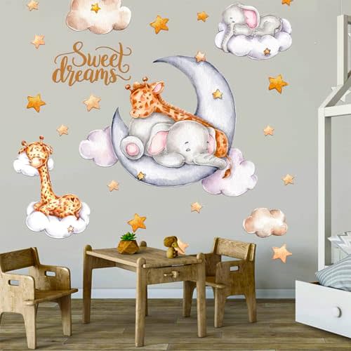 Giraffe Elephant Sleeping on The Moon and Stars Wall Stickers for Kids Baby Room Decor Sweet Dream Moon Hot Air Balloon Star Baby Nursery Decor Baby Shower Room Interior Decor Kid