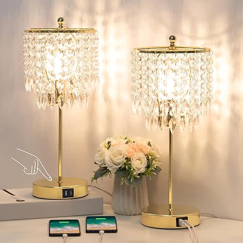 Boncoo Crystal Table Lamp Set of 2, 3-Way Dimmable Nightstand Lamp with 2 USB Charging Ports, Gold Bedside Lamp for Bedroom, Touch Lamp with Elegant Shade for Living Room, B11 LED Bulb Included