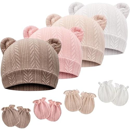 Newborn Baby Hat and Mittens Set Bear Ears Toddler Infant Beanie Caps Newborn Hospital Hat for Baby Boy Girl 0-3 Months
