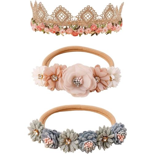 Baby Girl Nylon Headbands Flower Hair Bows Accessories-Elastic Hair Band Crown Handmade FLoral Wraps Birthday Gifts for Girls Newborn Infant Toddler 3Pcs