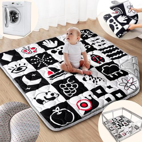Baby Play Mats for Floor, Upgraded Thick Soft 50x50 Playpen Mat, Anti-Slip Bottom, Foldable and Machine Washable Playmat for Babies and Toddlers Infants(High Contrast)